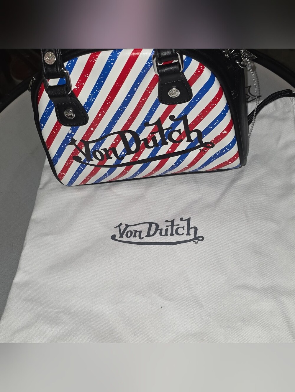 Von Dutch Red, White & Blue Striped Dome Satchel with Black Trim